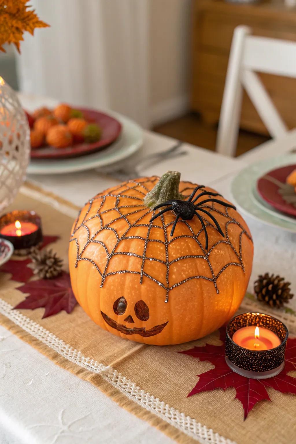 Pumpkin decorated with glittery spider rings on a web