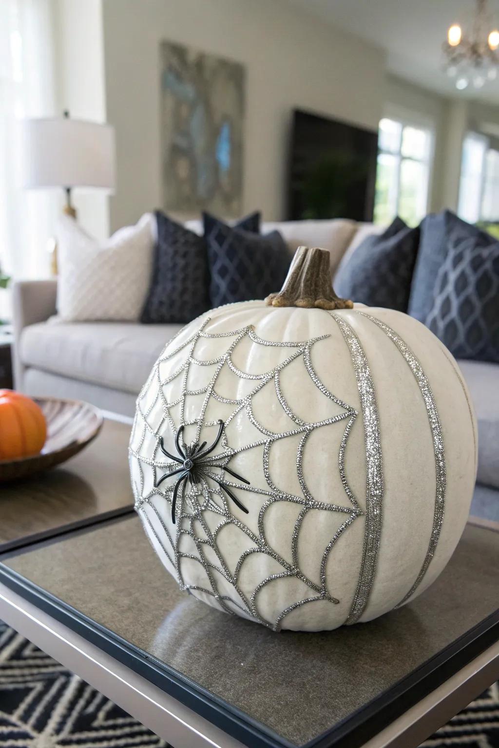 Pumpkin featuring a shiny metallic silver spider web