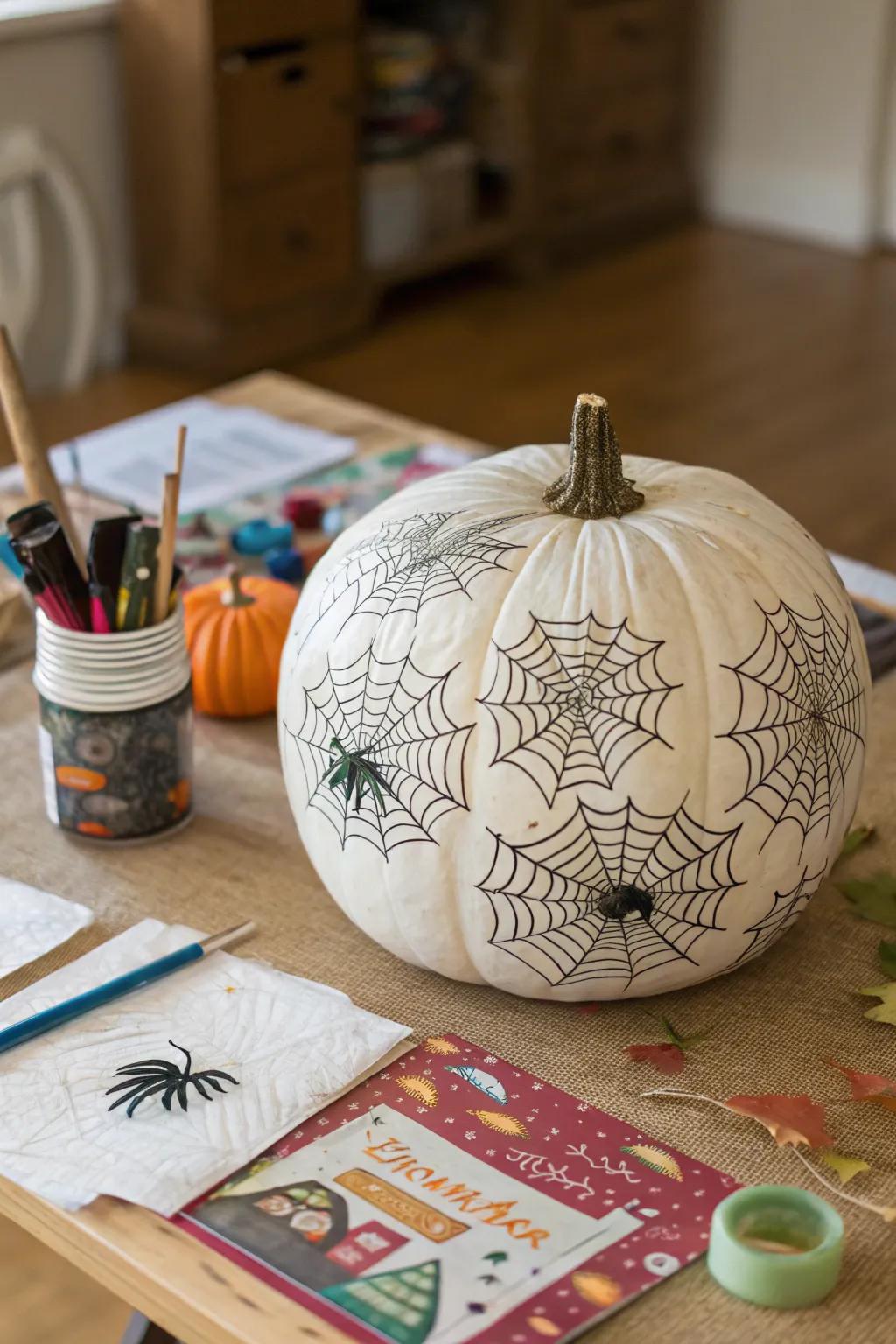 Pumpkin decorated with layered decoupaged spider webs