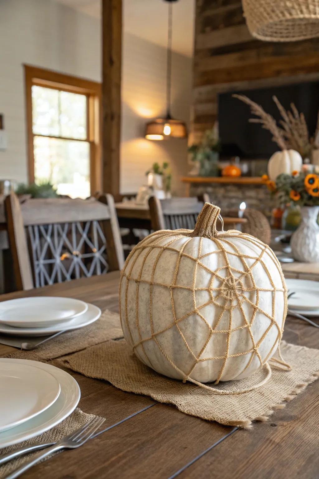 Pumpkin wrapped with natural twine in a spider web pattern