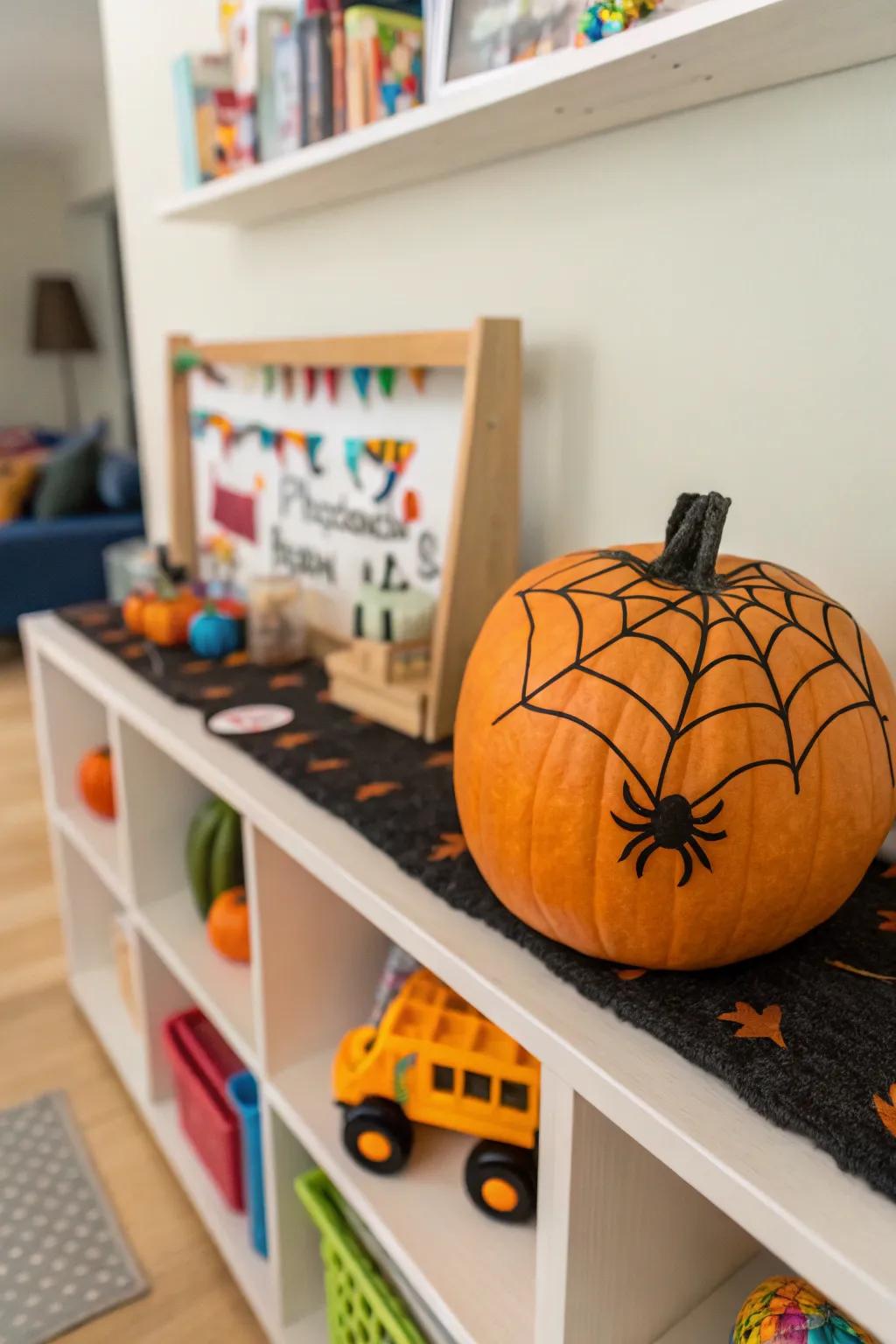 Pumpkin decorated with soft felt spider web shapes