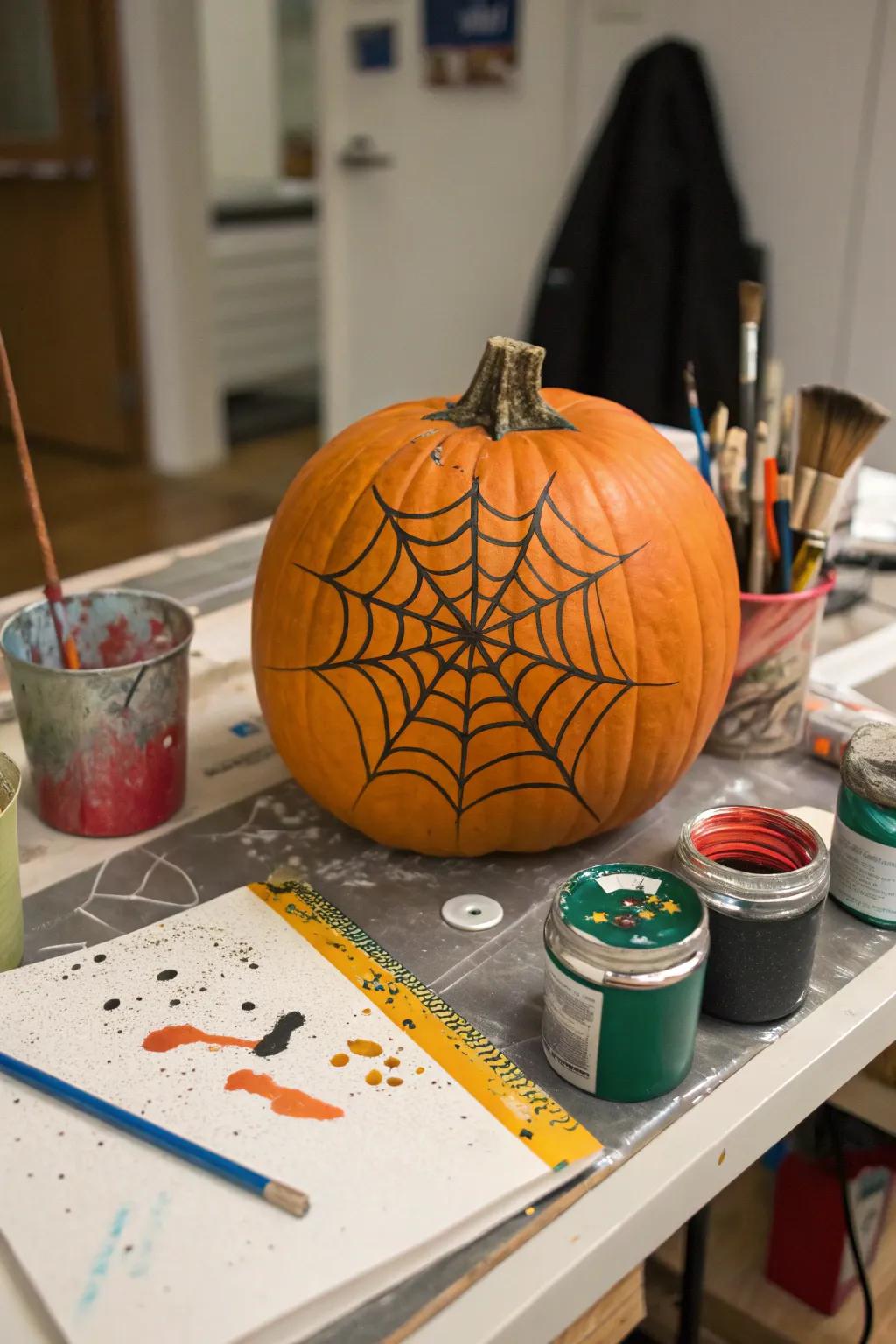 Modern pumpkin decorated with paint splatter spider web