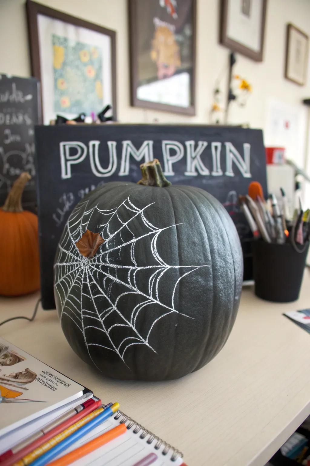 Pumpkin painted with chalkboard paint featuring erasable spider web