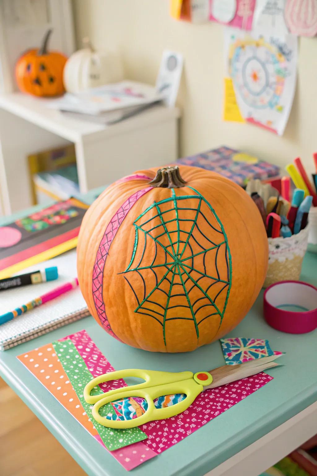 Pumpkin decorated with vibrant washi tape spider web
