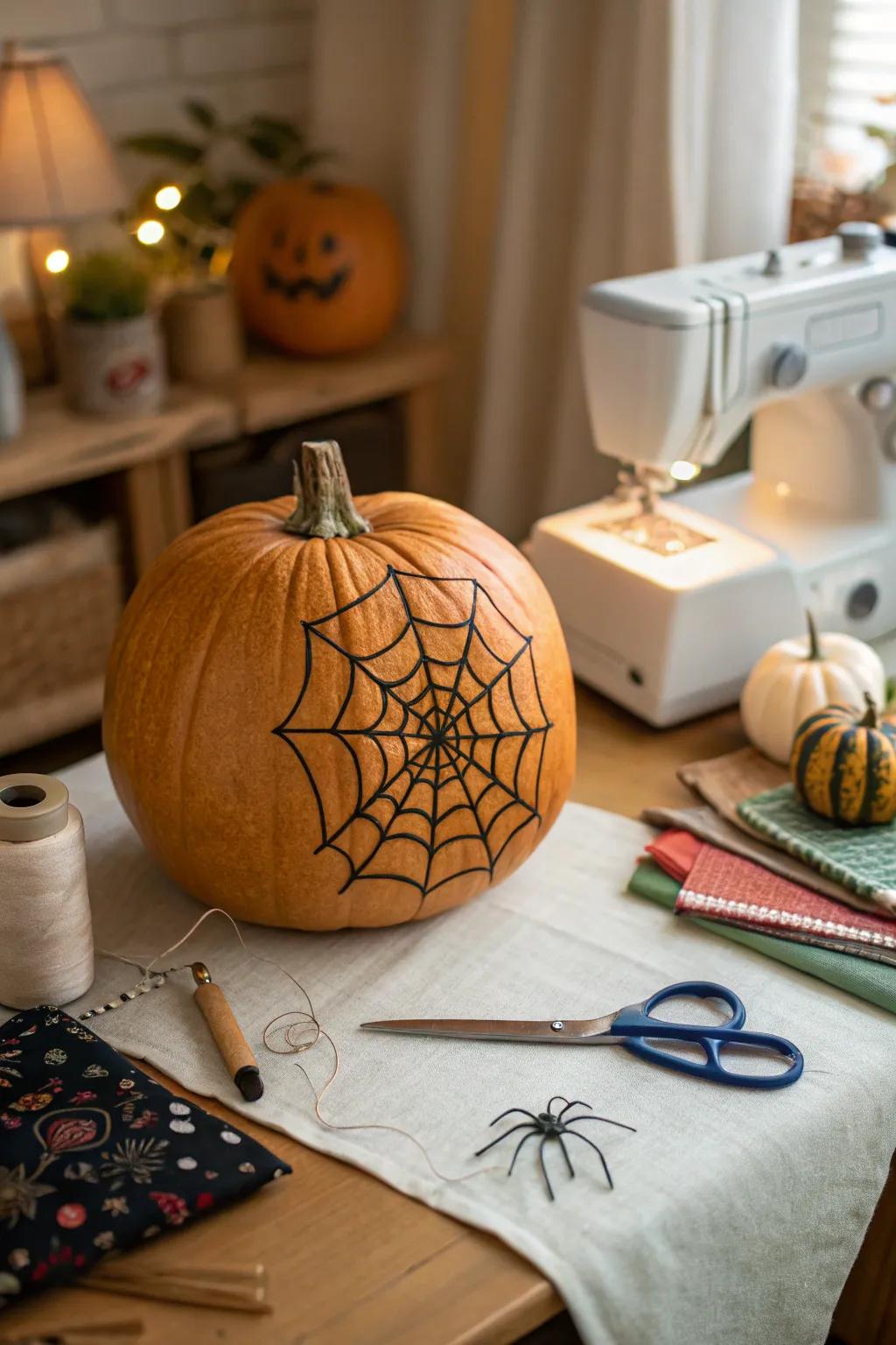 Pumpkin featuring a delicate embroidered spider web