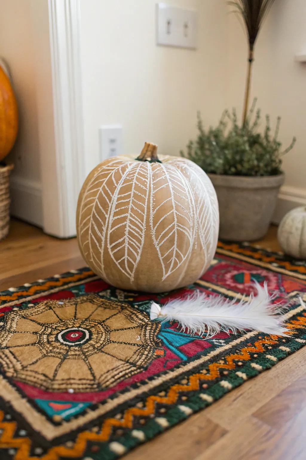 Pumpkin decorated with whimsical black feather spider web accents