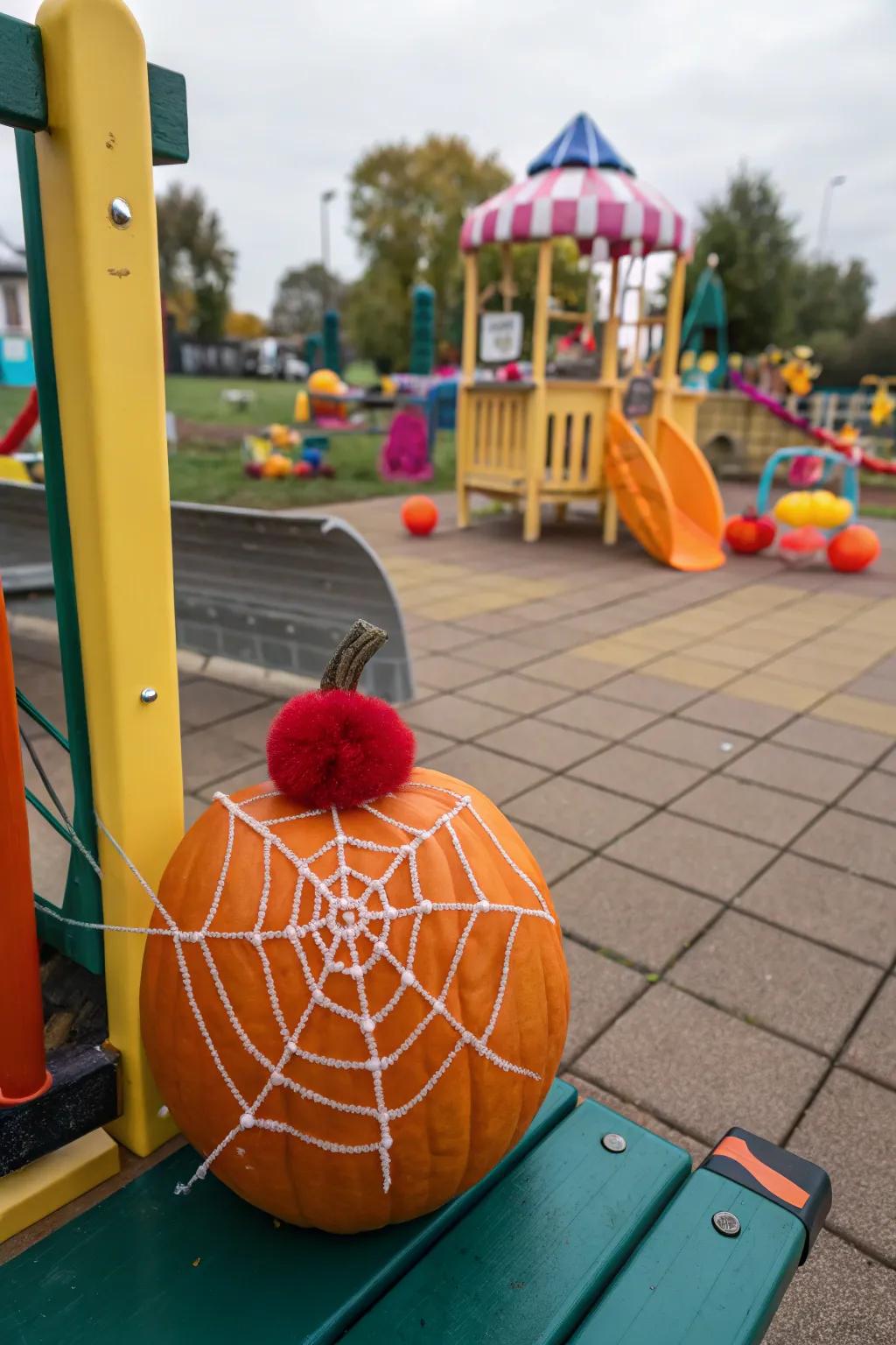 Pumpkin decorated with cute black pom-pom spiders