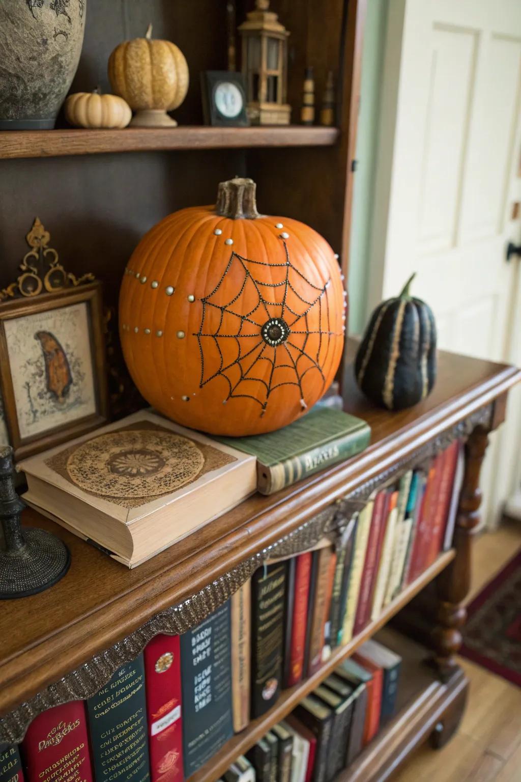 Pumpkin decorated with a charming button spider web