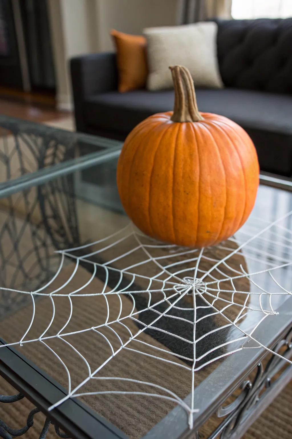 Pumpkin featuring a three-dimensional wire spider web