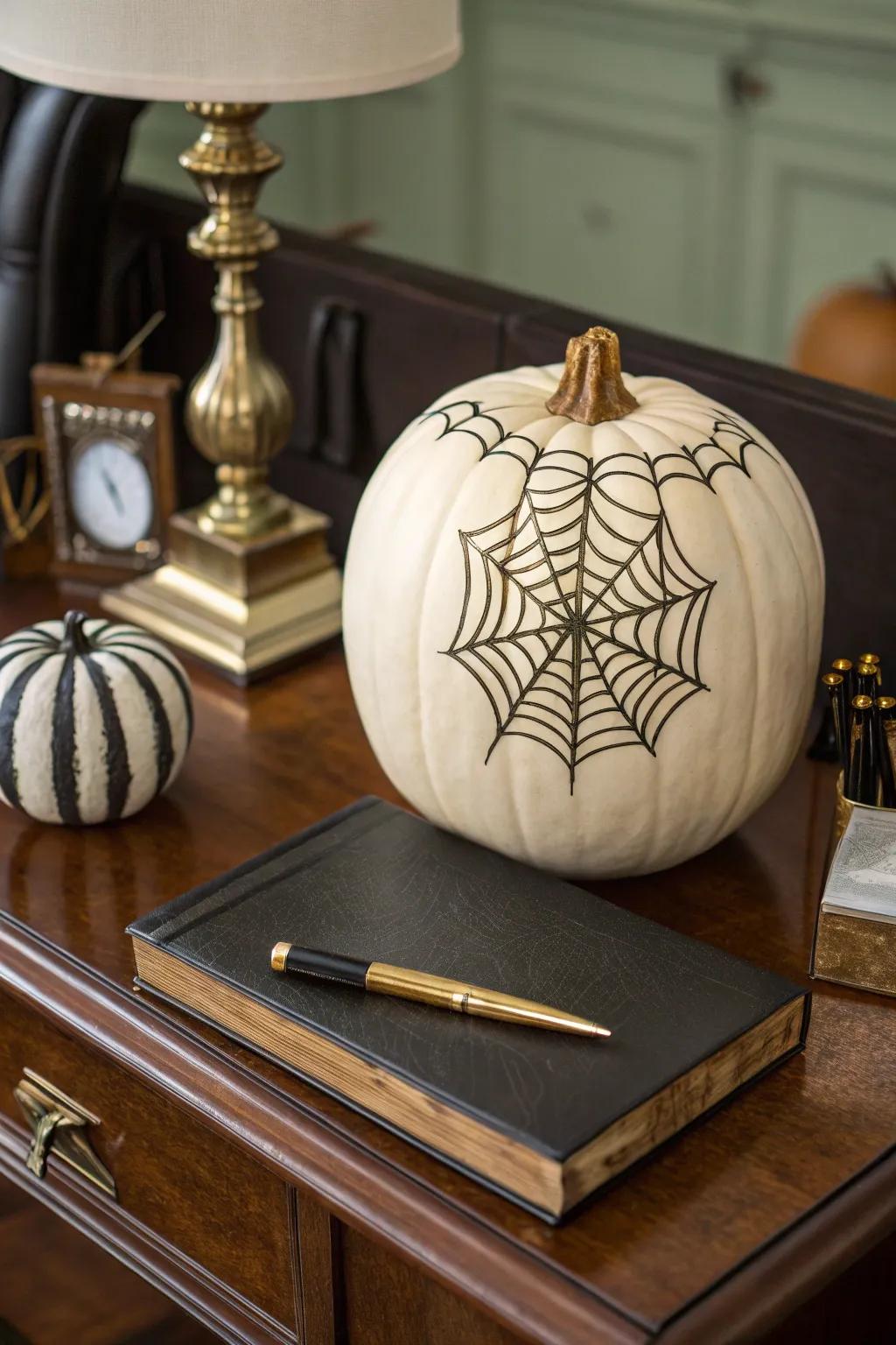 Pumpkin decorated with an elegant faux leather spider web