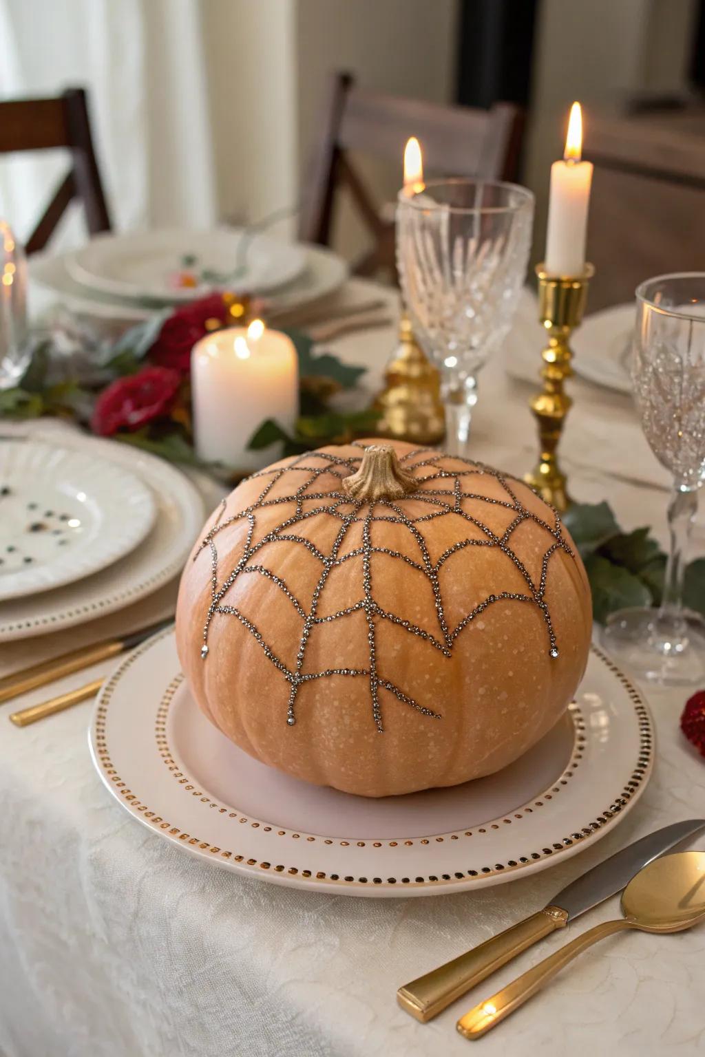 Pumpkin with a sparkling glitter-sprayed spider web