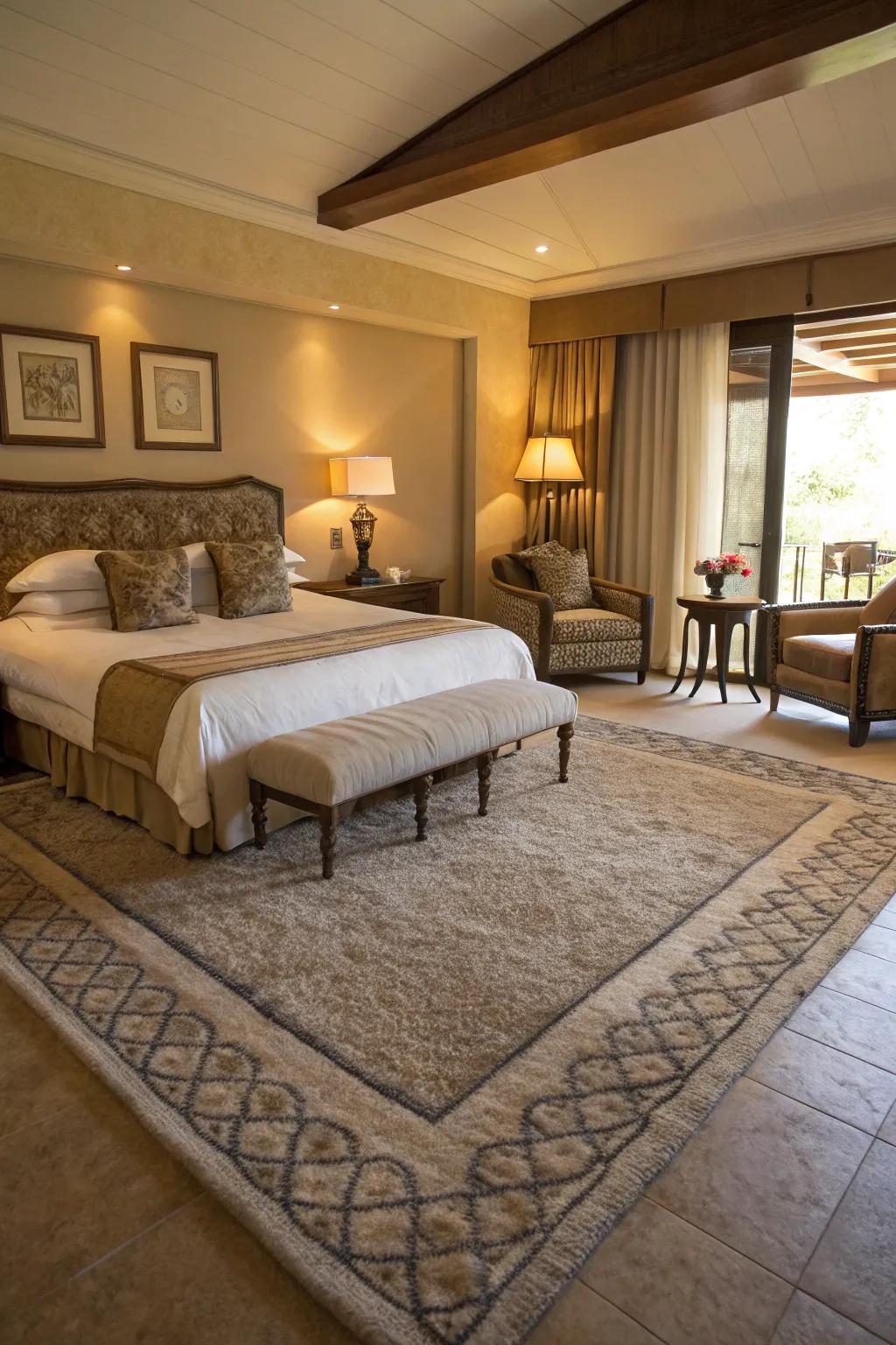Area rugs create cozy zones and add texture in large bedrooms.