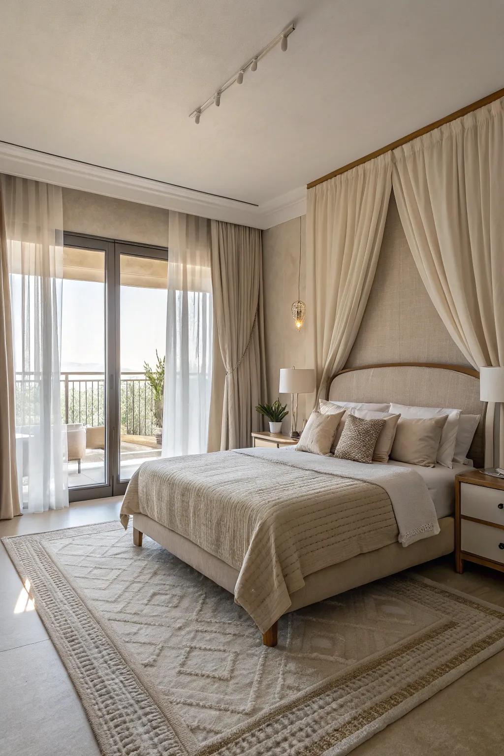 Soft neutral colors foster a peaceful and airy bedroom vibe.