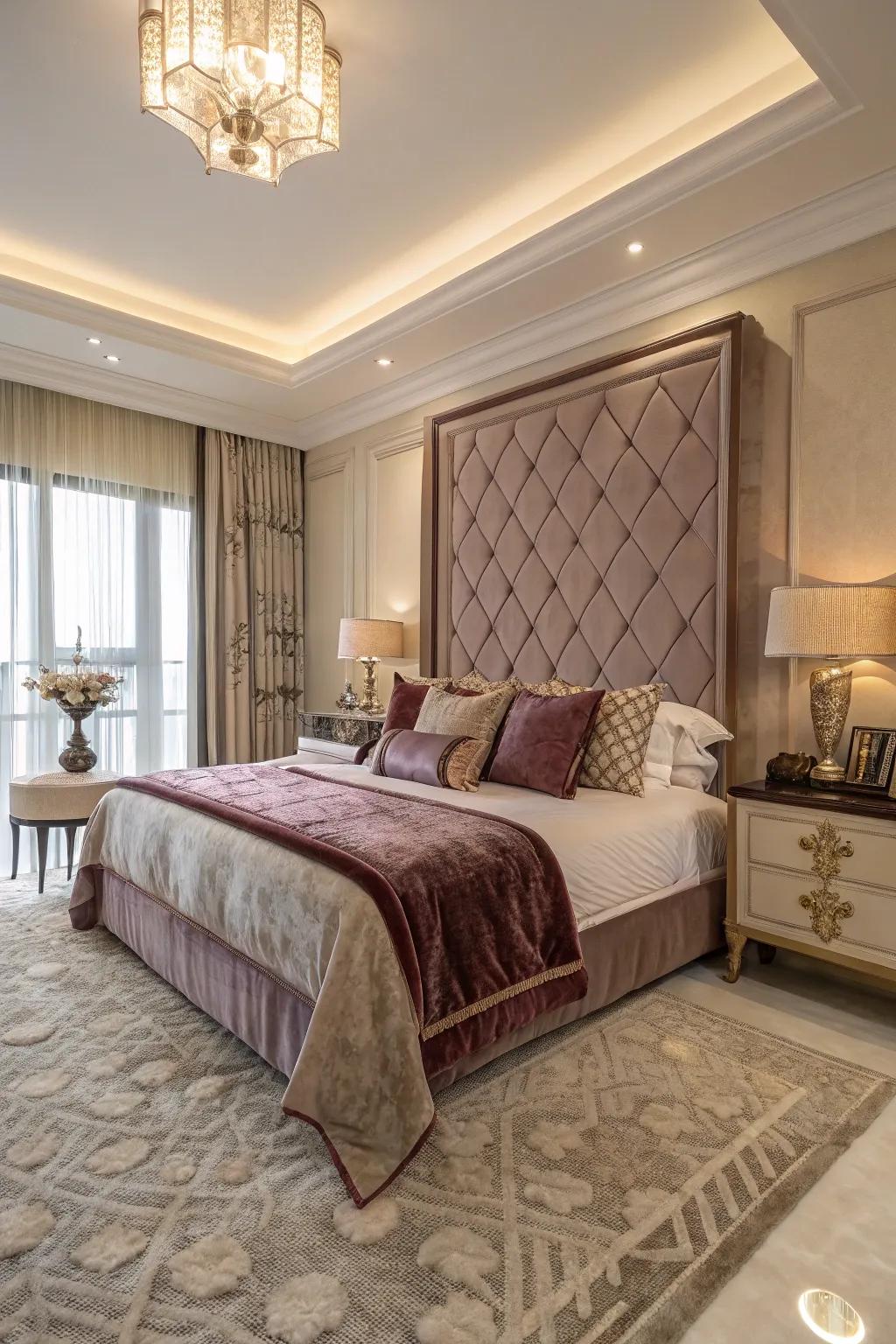 Textured bedding layers add depth and comfort.