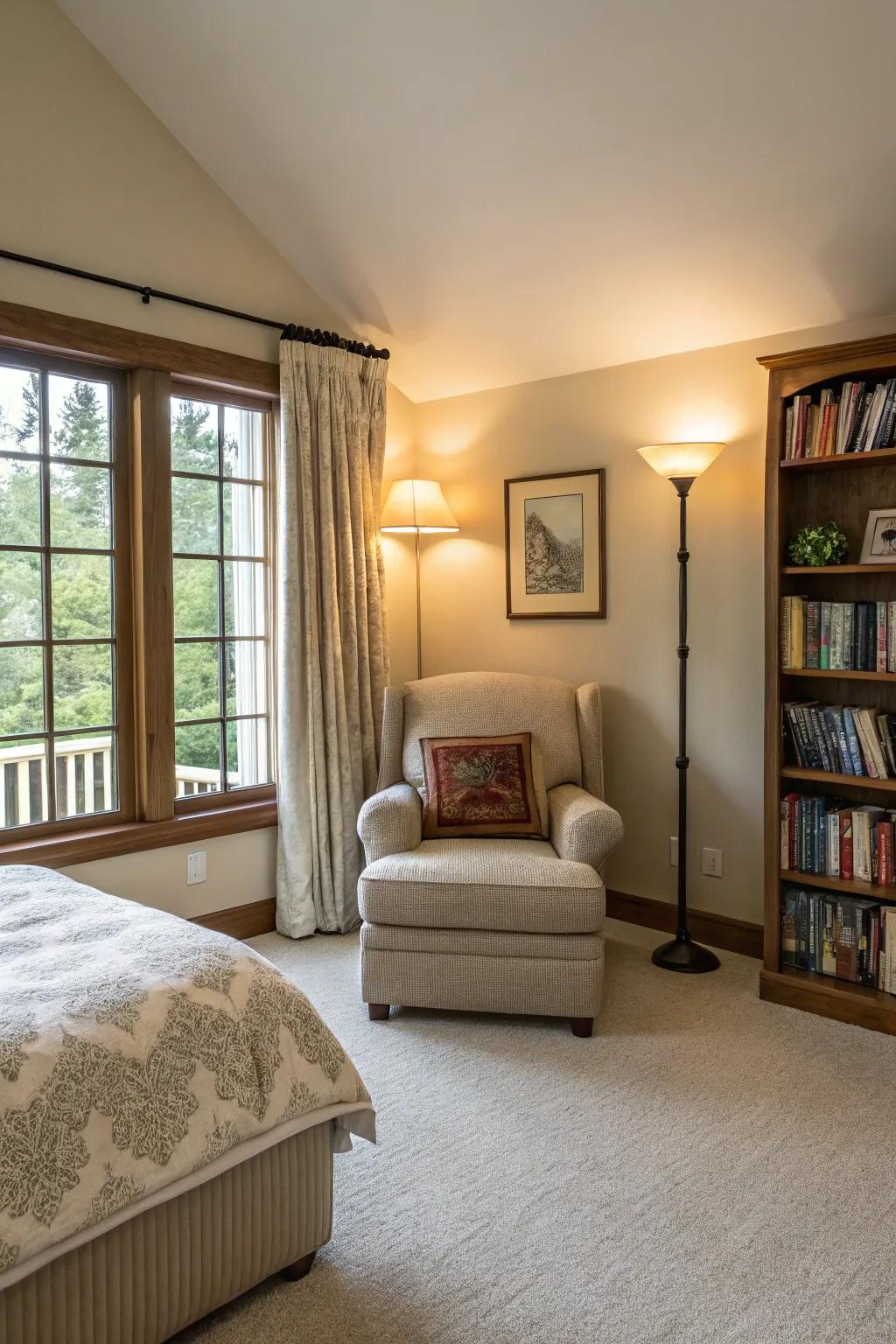 A reading nook offers a peaceful retreat within your bedroom.