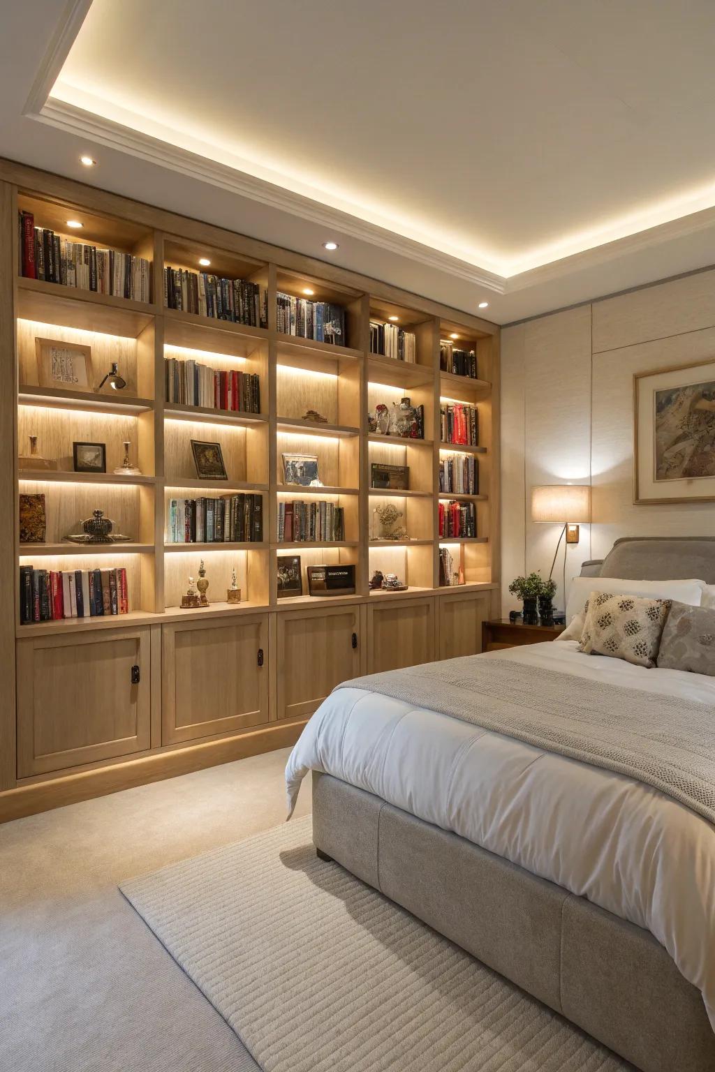 Built-in shelves offer practical storage and personalized decor.