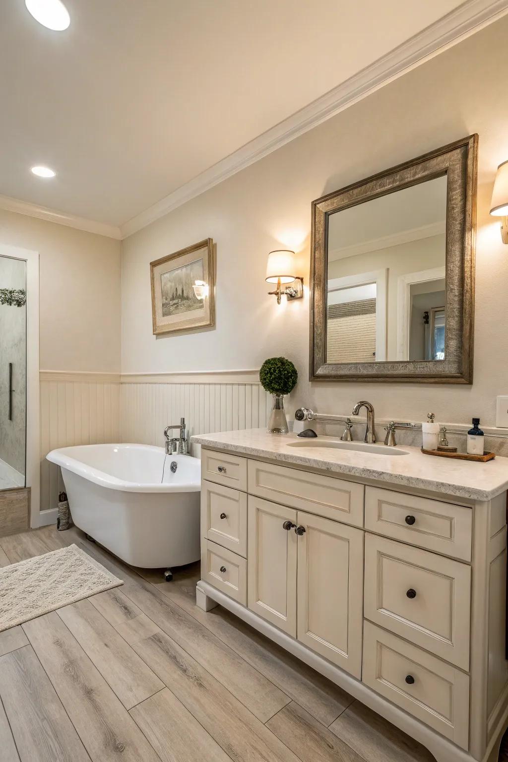 Bathroom featuring calming neutral and pastel hues.
