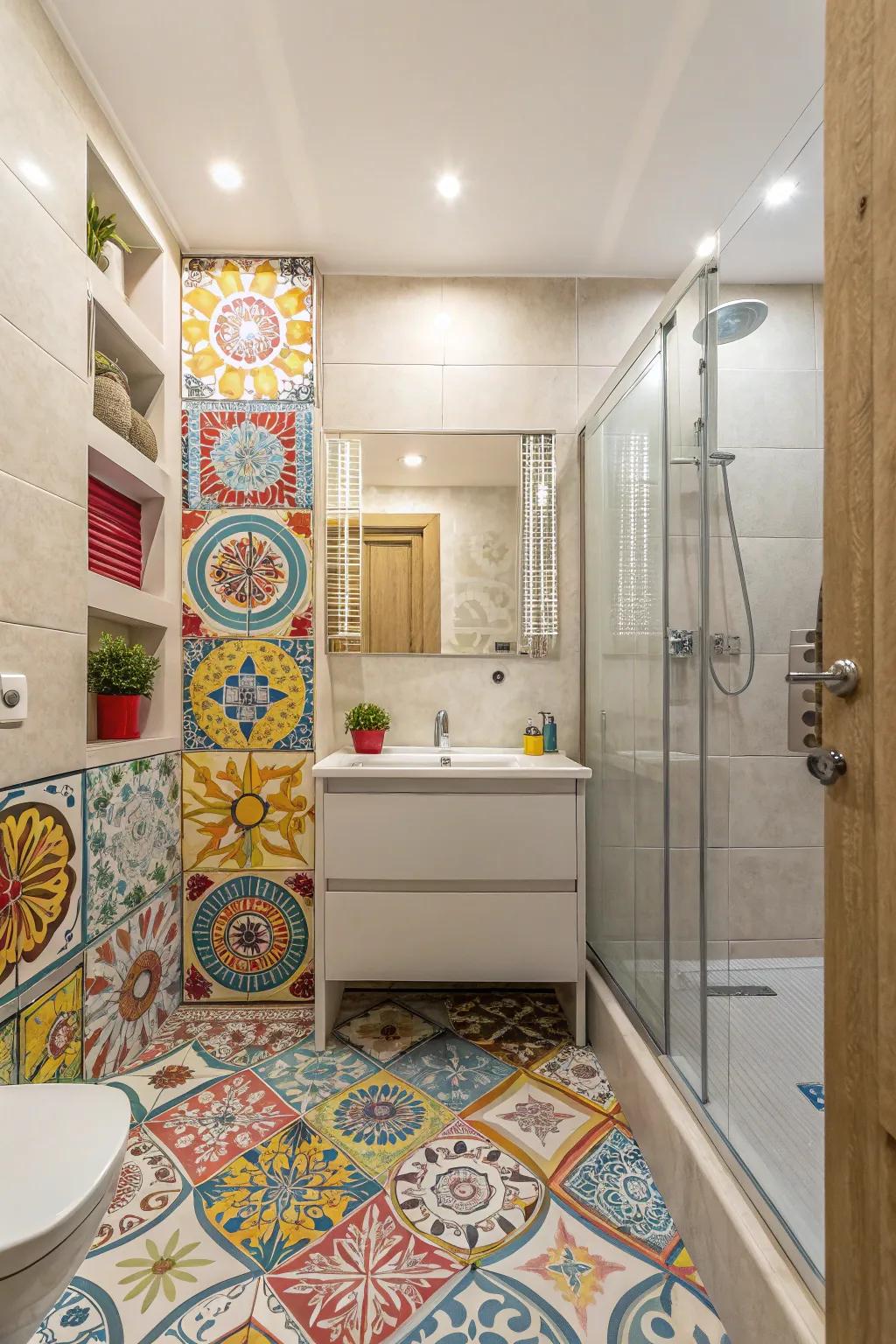 Bathroom with unique tile patterns adding texture.