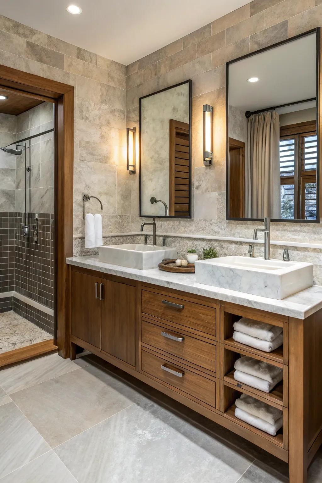 Bathroom combining wood, marble, and metal for aesthetic richness.