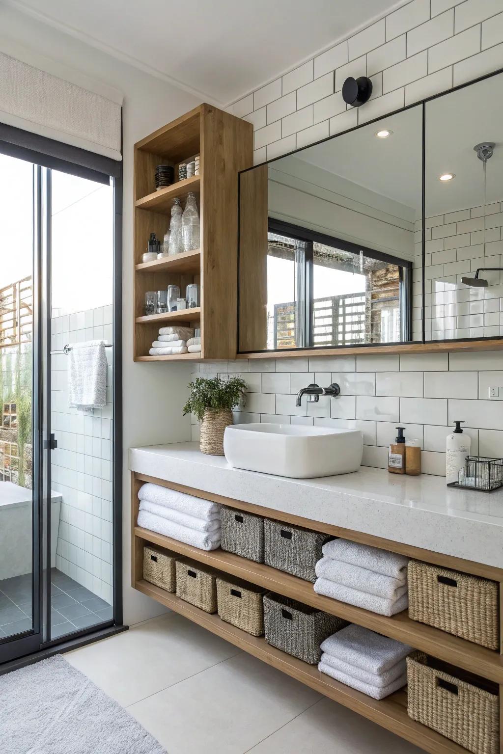 Floating shelves providing minimalist bathroom storage.