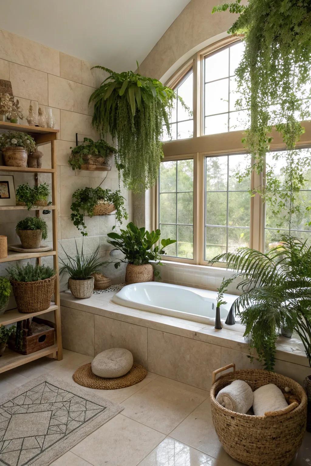Bathroom enhanced with indoor plants and natural elements.