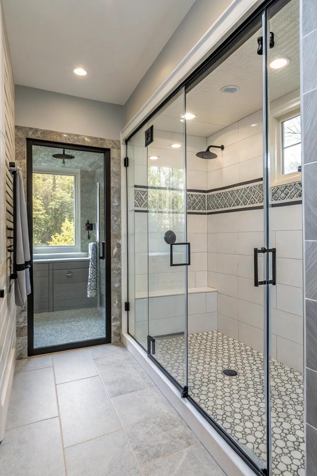 Open shower with glass doors and modern tiling.
