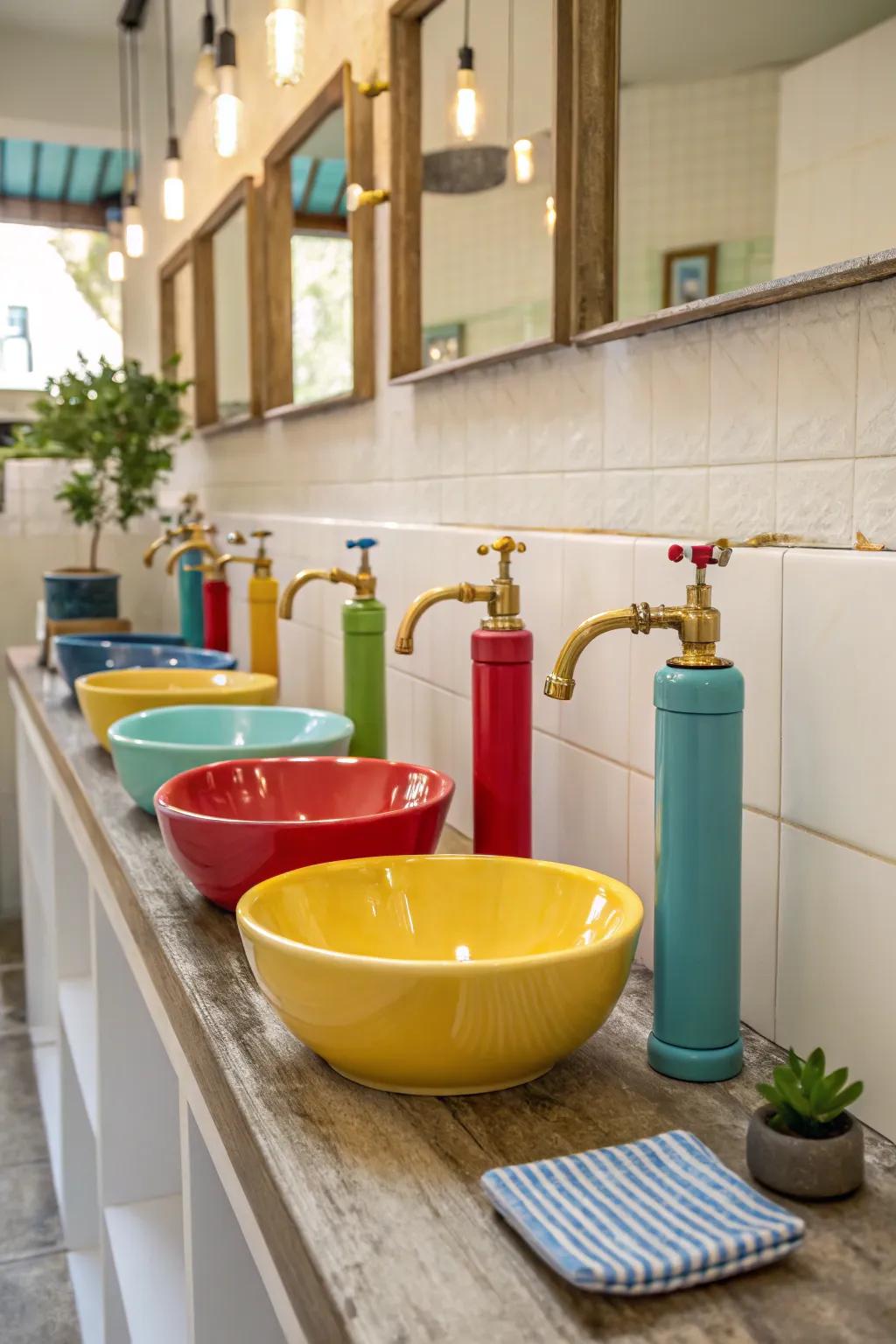 Colorful bathroom fixtures adding character.