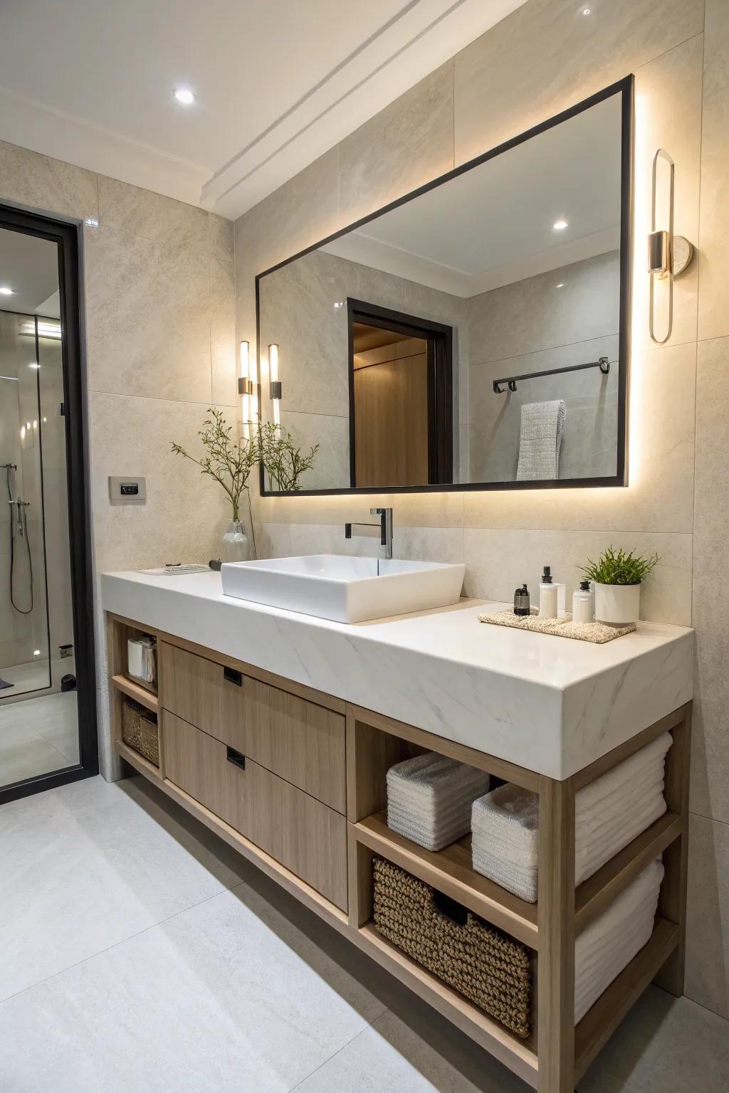 Modern bathroom vanity with integrated sink and clean lines.