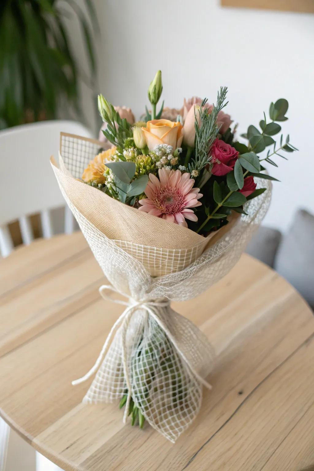 Modern bouquet wrapped in textured mesh fabric.