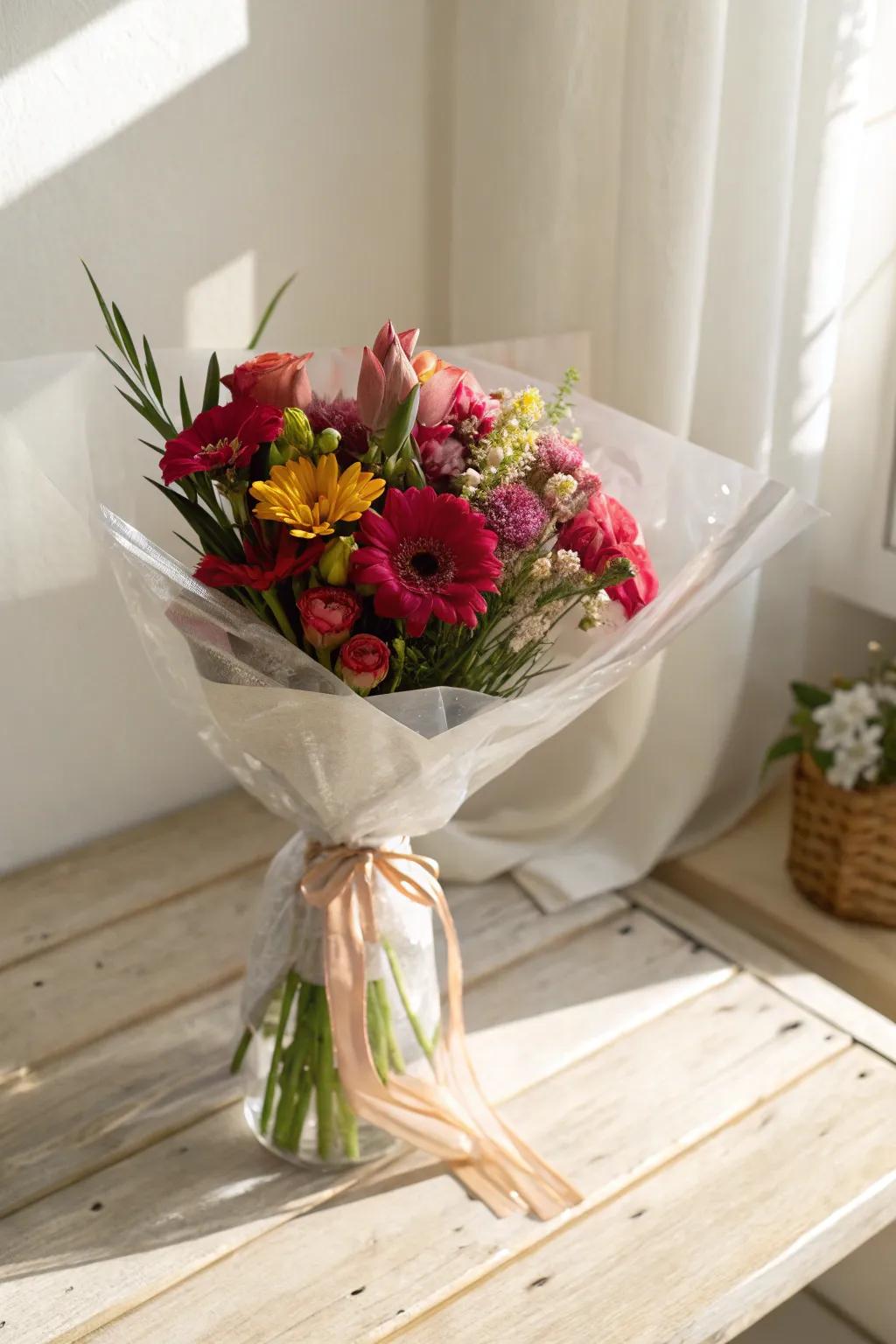 Clear cellophane wrap highlighting vibrant bouquet colors.