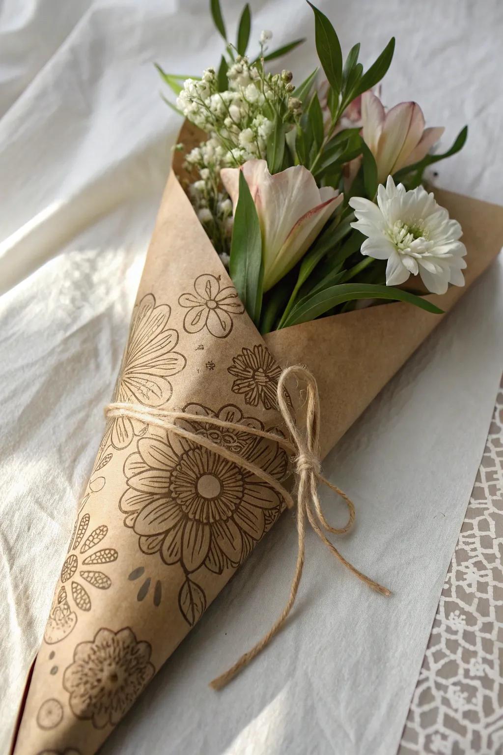 Personalized stamped wrapping paper for flowers.