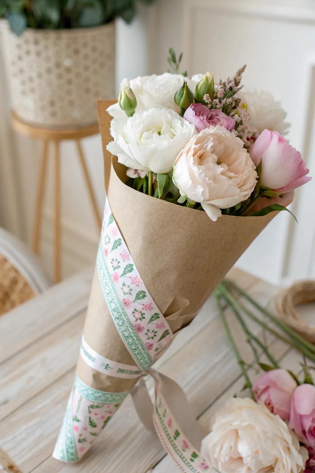 Decorate flower wraps with colorful washi tape for a playful look.