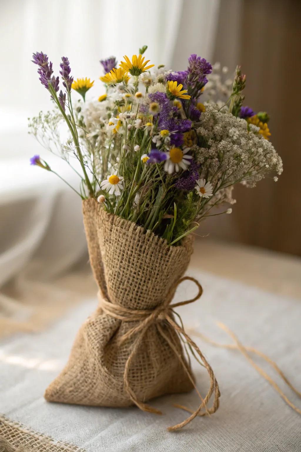 Burlap wrapping adds rustic elegance to wildflower bouquets.