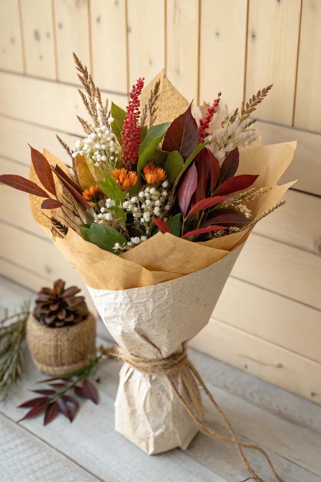 Seasonally inspired bouquet wrapping reflecting nature's beauty.