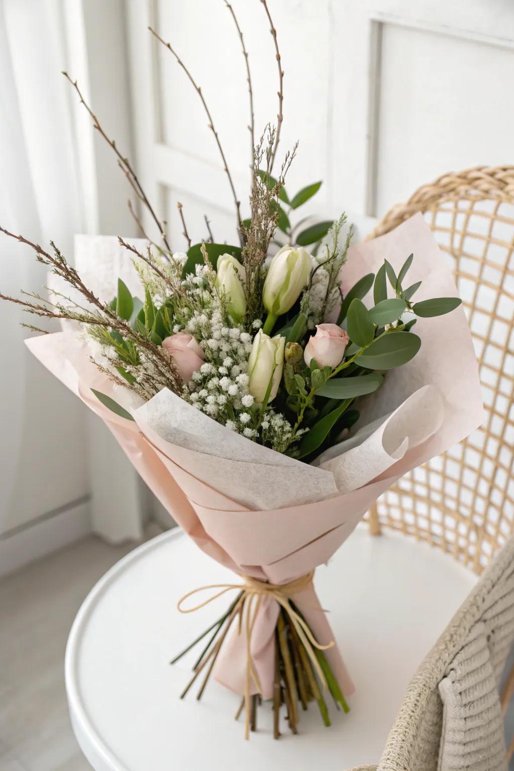 Enhance bouquets with natural twigs and leaves for rustic elegance.