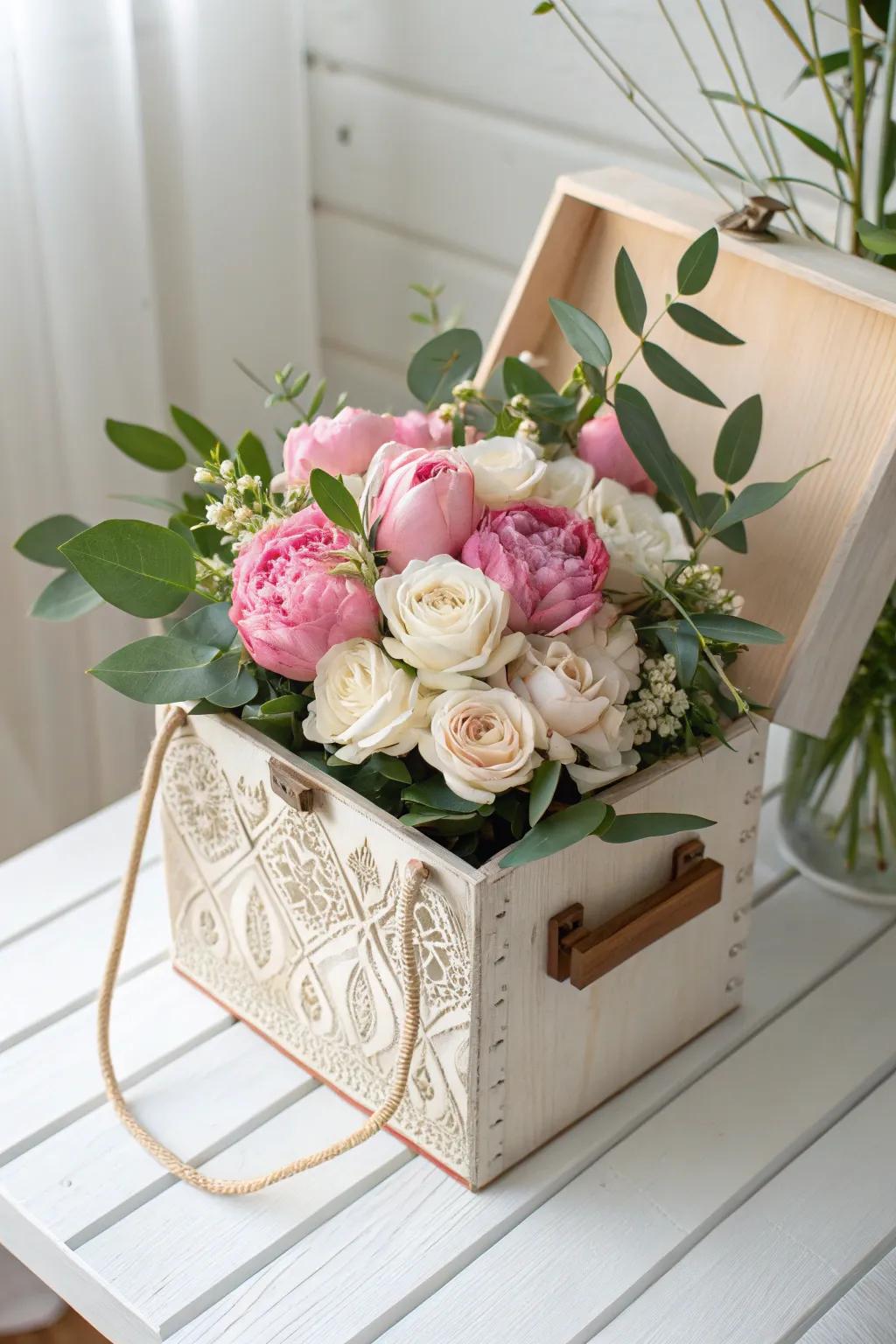 Minimalist luxury with boxed flower presentation.
