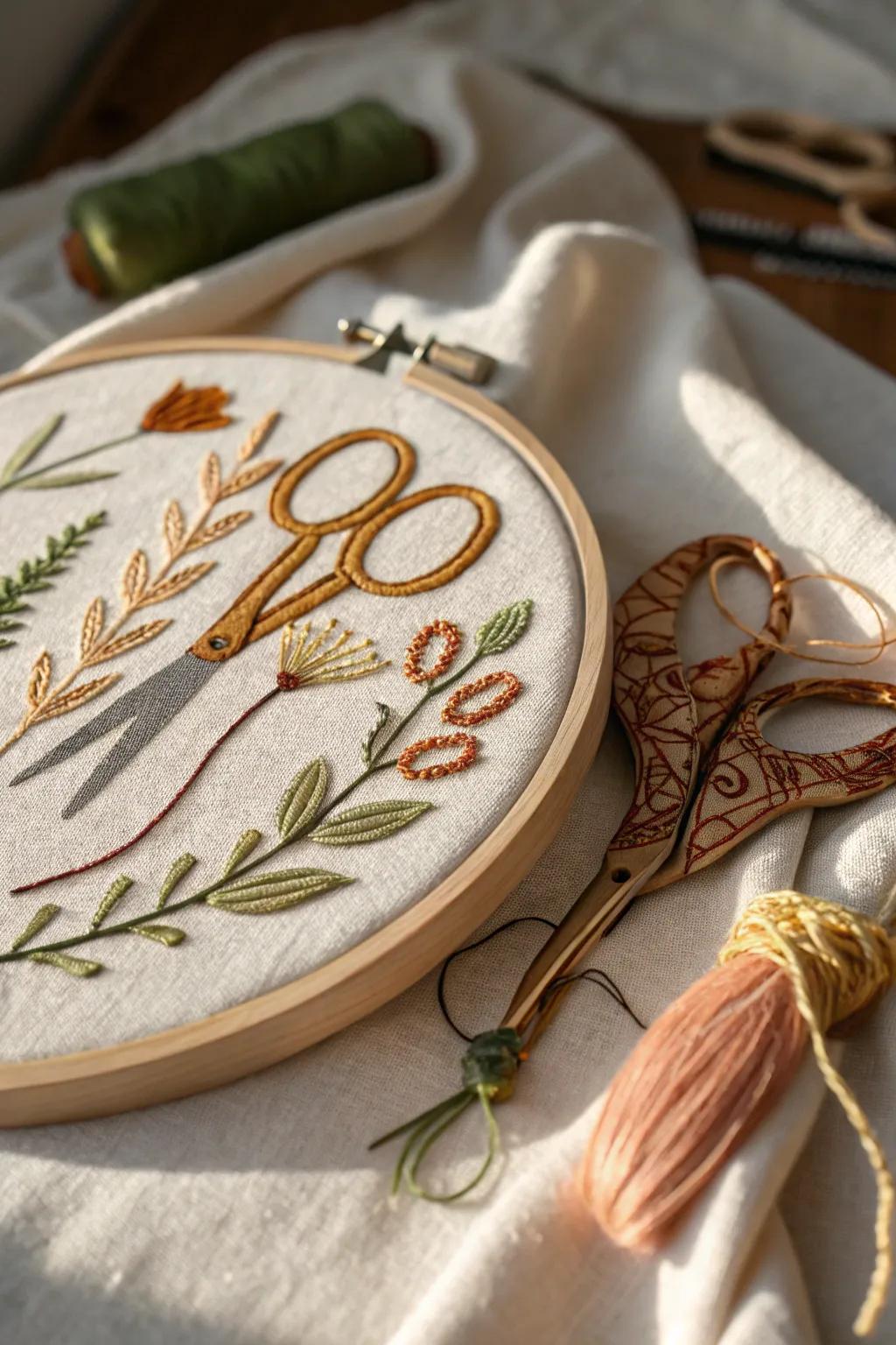Modern embroidery blending minimalist and bohemian styles to honor crafting tools.