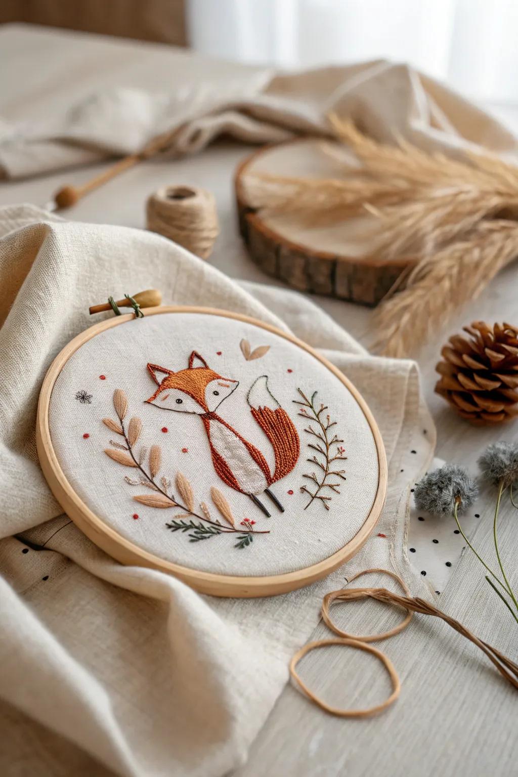 Whimsical fox embroidery capturing nature's charm with simplicity and skill.