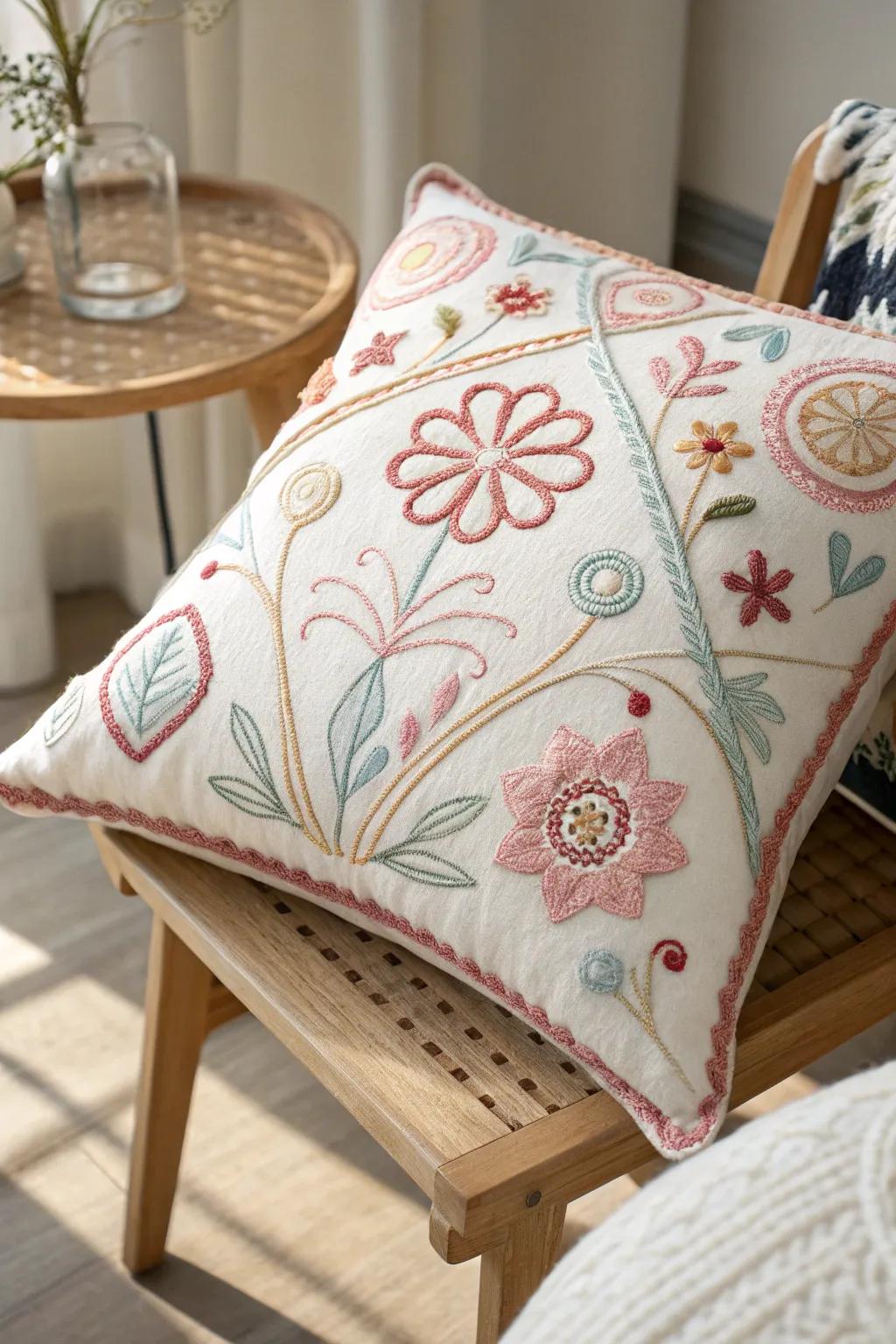 Whimsical embroidery adding a joyful touch to your decor.
