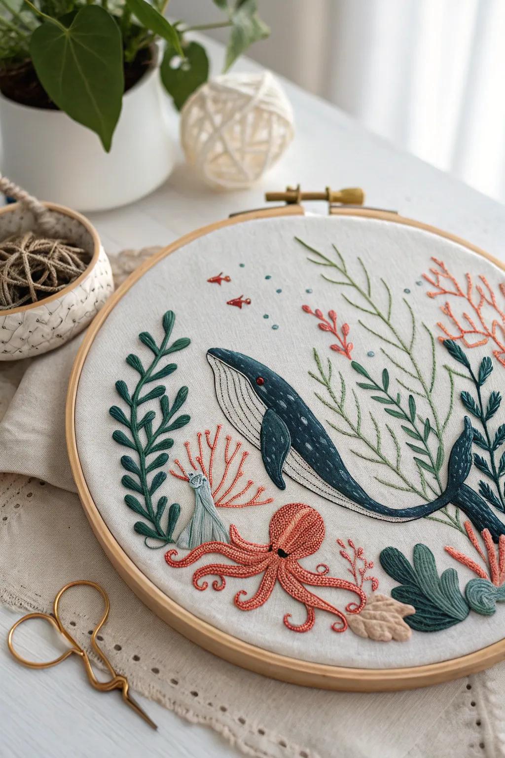 Elegant underwater embroidery capturing oceanic beauty.
