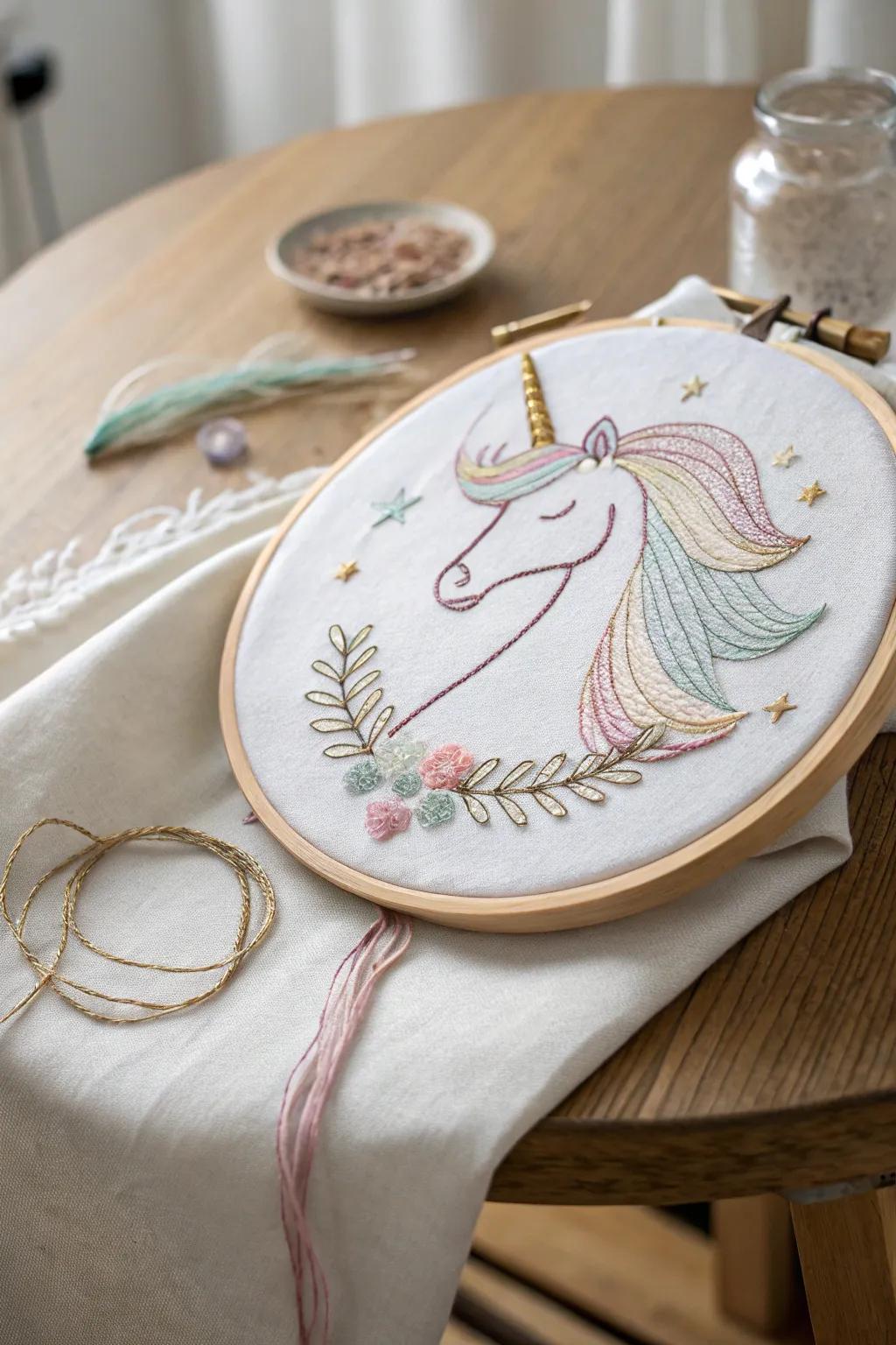 Minimalist unicorn embroidery evoking magical charm.