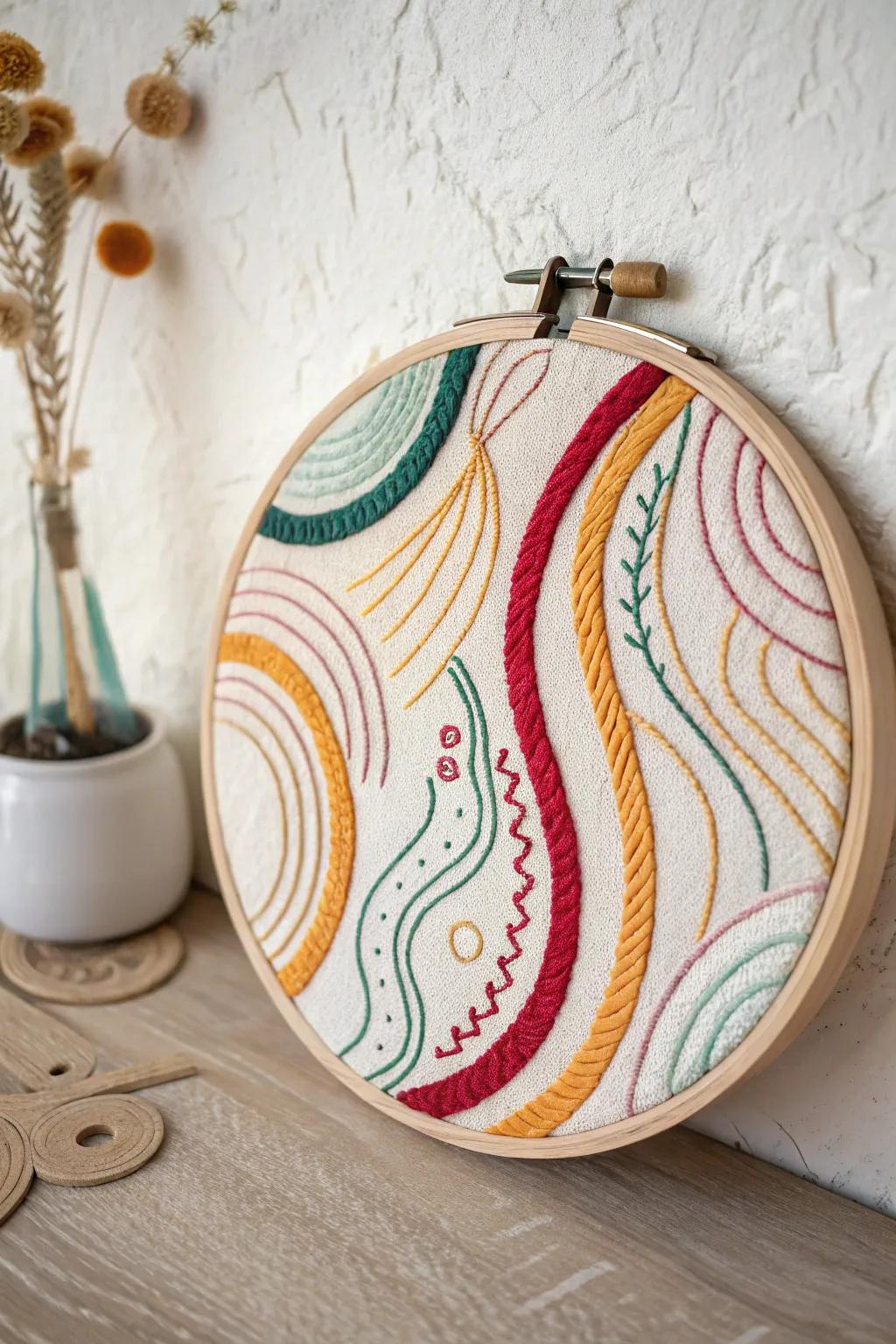 Abstract embroidery showcasing vibrant colors and fluid lines.