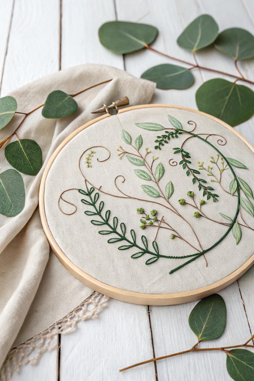 Modern botanical embroidery bringing natural elegance indoors.