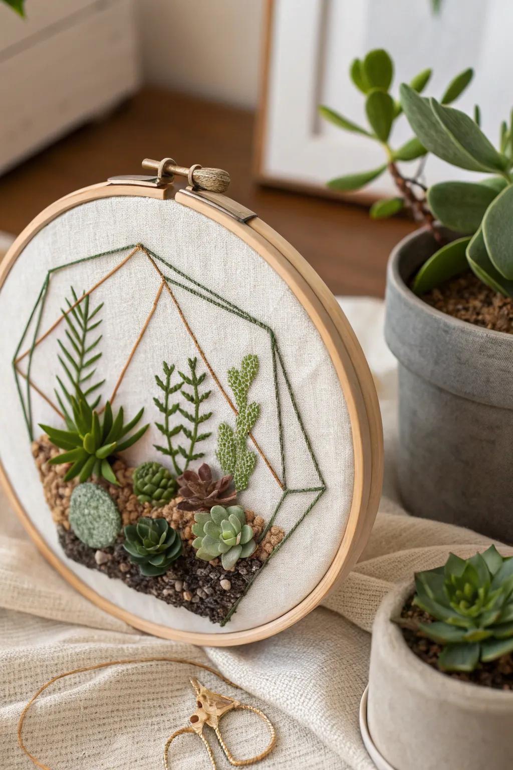 Embroidered terrarium design bringing nature indoors without maintenance.