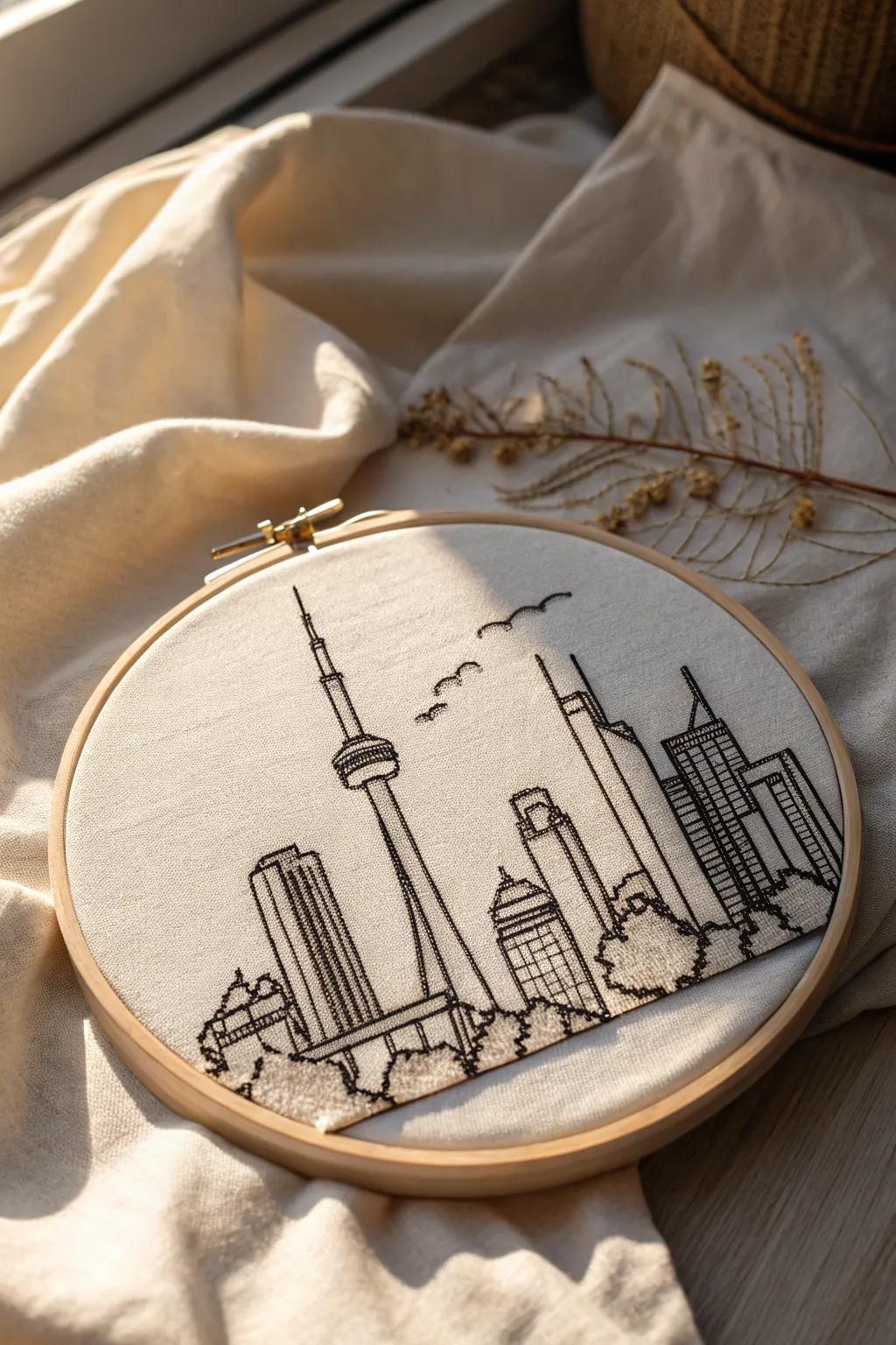 Cityscape embroidery adding urban sophistication to your decor.