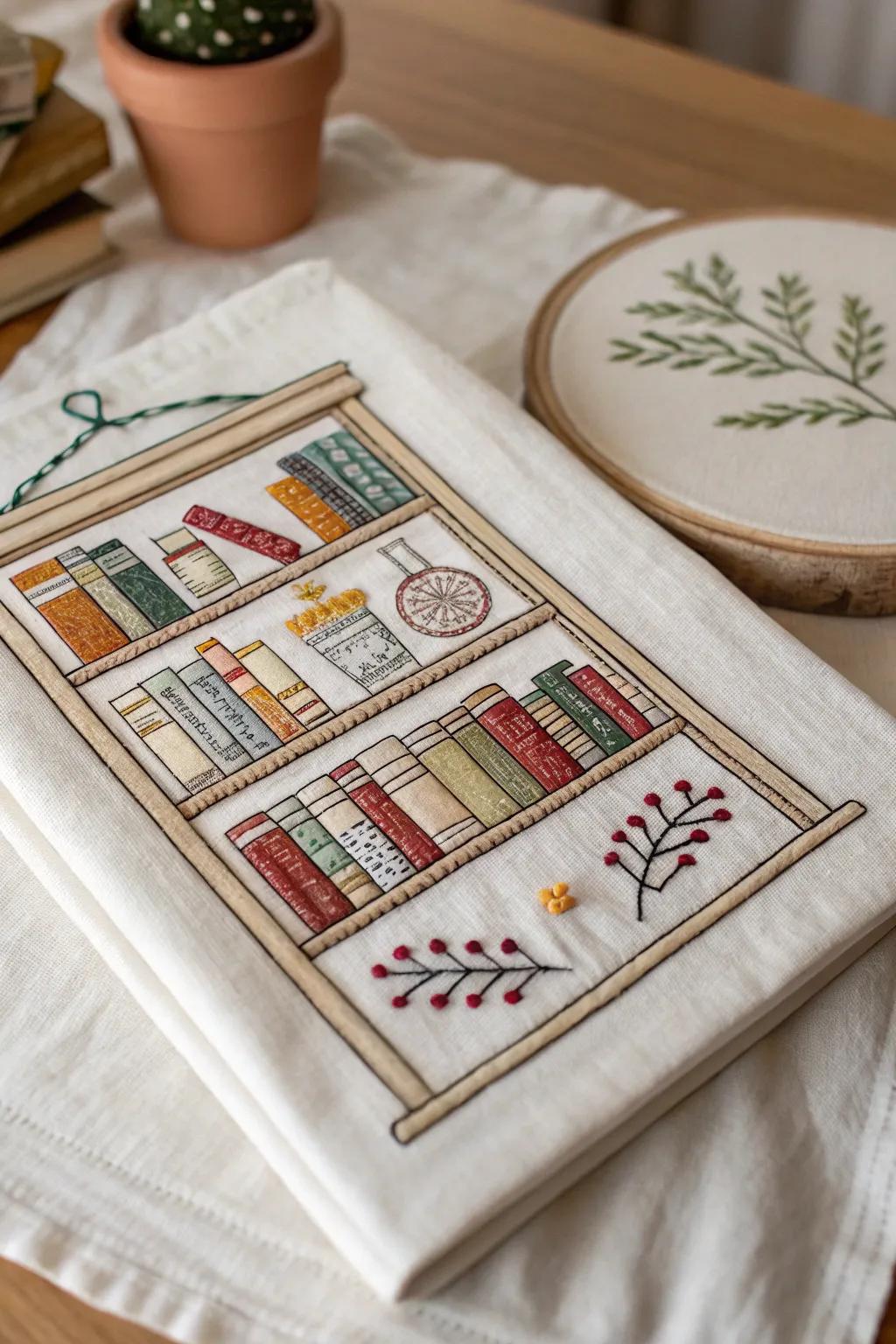 Charming bookshelf embroidery celebrating a love for literature.