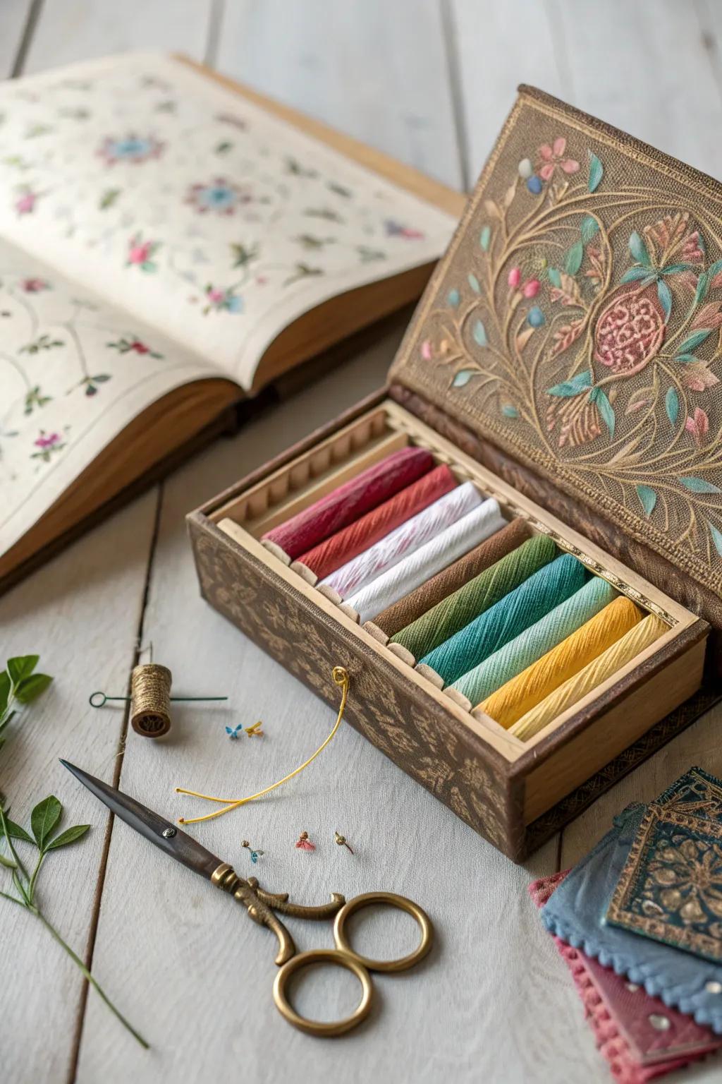 Creative use of a hollowed-out vintage book as a hidden thread storage.