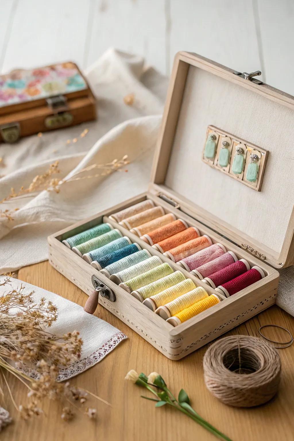 Compact and portable thread caddy for crafting anywhere inspiration strikes.