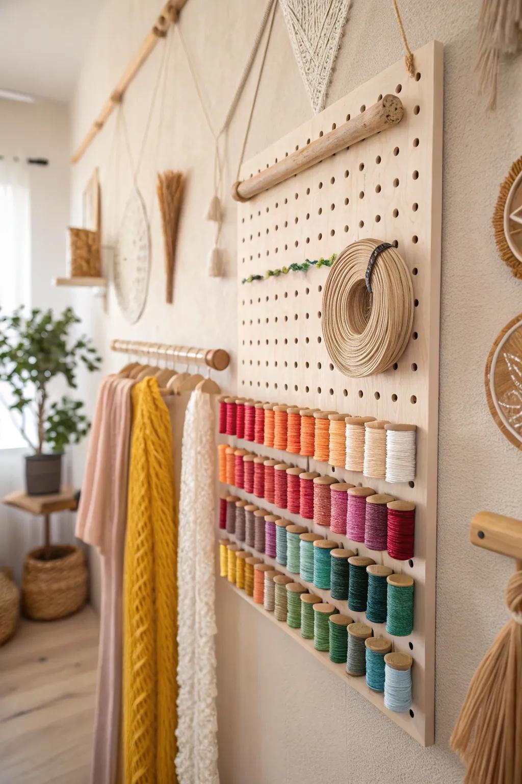 Colorful and practical pegboard organizer for embroidery threads.
