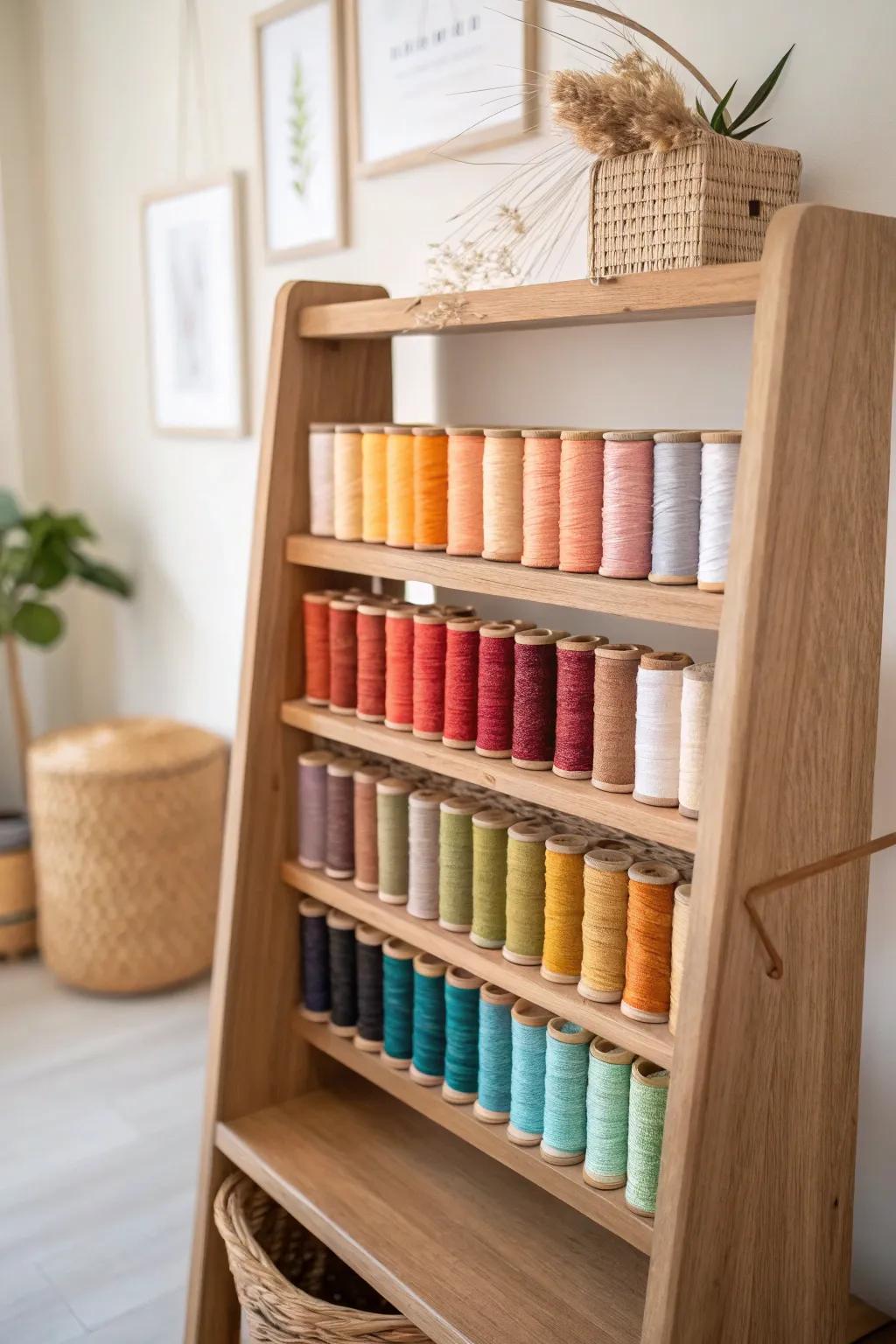 Chic embroidery thread organizer using a repurposed bookshelf.